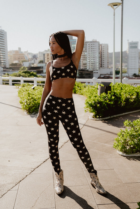 LEGGING SHINY BLACK STARS OFF WHITE