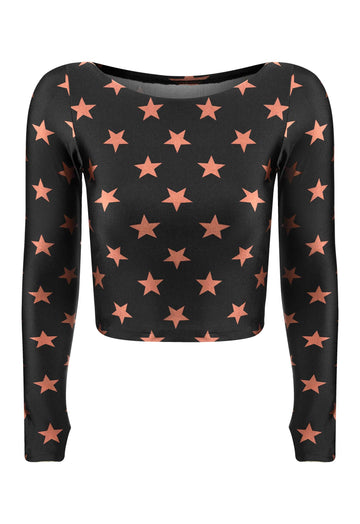 TOP CROPPED MANGA LONGA DEDINHO BLACK STARS BRONZE