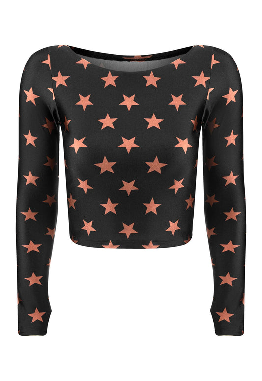 TOP CROPPED MANGA LONGA DEDINHO BLACK STARS BRONZE