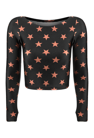 TOP CROPPED MANGA LONGA DEDINHO BLACK STARS BRONZE