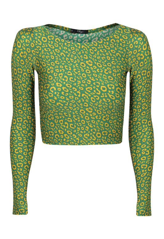 TOP CROPPED MANGA LONGA DEDINHO SHINY LEOPARD GOLD