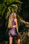 SHORTS CURTO ONÇA TROPICAL VIOLETA CASTANHO