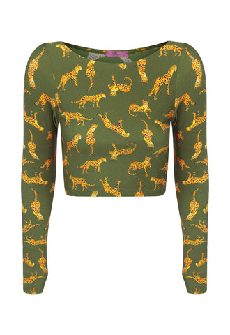Top Cropped Manga Longa Dedinho Felina Militar